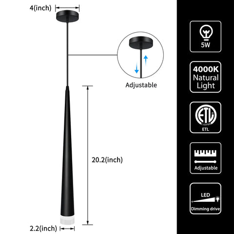 Black LED Pendant Lights 3 Pack Dope Modern Conical Dimmable Pendant Lighting With Acrylic Shade Minimalist Kitchen Island Bar Dining Room Bedroom Lamp At 5W 4000K showing dimensions and features