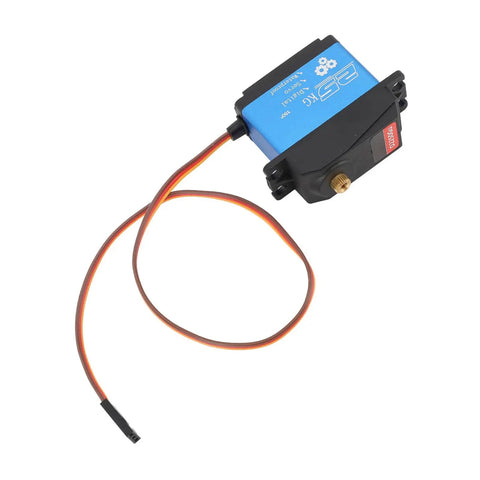 Rock Solid 25Kg Rc Servo Motor Loaded With Serious High Torsion Output And Durable Metal Gears For Heavy Duty Robotics And Fast Automation Builds Running Smooth On 4.8 To 7.2 Volt Systems, showing blue casing and connection wire.