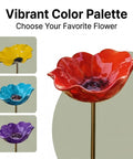 Metal Flower Garden Stake With Bee Bath And Bird Water Bowl For Pollinator Friendly Yard Decor in red, yellow, blue, and purple.