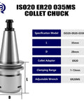 ISO20 ER20 Collet Chuck Holder specifications diagram with dimensions, clamping range, and adjustable wrench details.