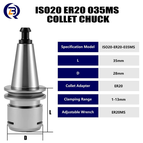 ISO20 ER20 Collet Chuck Holder specifications diagram with dimensions, clamping range, and adjustable wrench details.