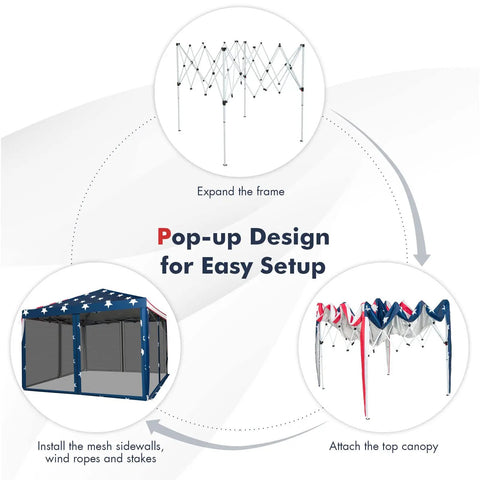 Easy Up 10x10 Pop Up Canopy With Netting And Mesh Sidewalls installation guide with frame, canopy attachment, and setup steps
