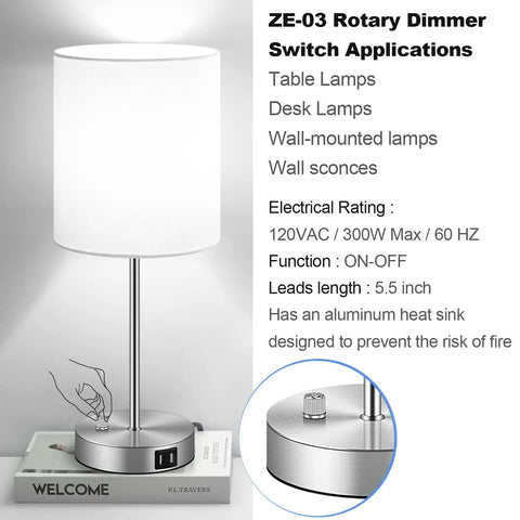 Heavy Duty Inline Dimmer Switch For Table Lamps Floor Lights And Wall Sconces Full Range Rotary Knob Control 300 Watt Max Rating with USB