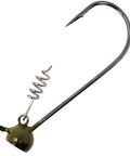 Dense Tungsten Stand Up Shaky Head Jig Heads With Screw Lock Keeper Provide A Straight Fire Finesse Bass Presentation In Green Pumpkin One Quarter Ounce Five Pack: Close-up of jig head with screw lock and hook.