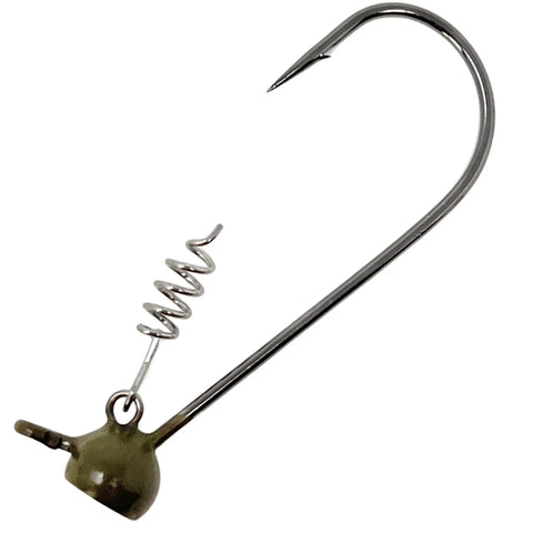 Dense Tungsten Stand Up Shaky Head Jig Heads With Screw Lock Keeper Provide A Straight Fire Finesse Bass Presentation In Green Pumpkin One Quarter Ounce Five Pack: Close-up of jig head with screw lock and hook.