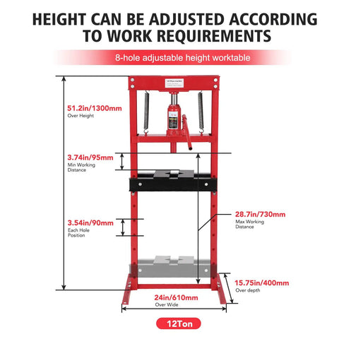 Heavy Duty 12 Ton H Frame Hydraulic Shop Press In Red For Auto Body And Metalworking Built To Last Steel Frame Tough As Nails Hydraulic Jack Dual Springs And Easy Load Design Powerhouse Performance For Pressing Bending And Spreading Tasks. red 12-ton H-frame hydraulic shop press with adjustable height and dual springs