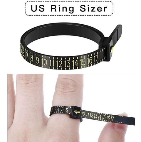 Reusable Ring Size Measuring Set For Quick No Fuss Finger Gauge Jewelry Sizing Tools US Ring Sizes 1 Through 17 shown on finger