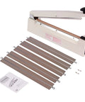 Heavy Duty Twelve Inch Impulse Bag Heat Sealer Constructed With Hella Rugged Aviation Aluminum Body For Badass Commercial Food Packaging And Secure Retail Storage with sealing bars and manual.