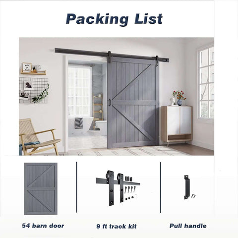 Gray Wood Barn Door Slab 54x84 Inches With 9 Foot Barn Door Hardware Track Kit Included displayed in modern room setup