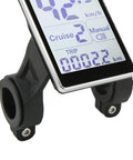 Ride Ready M5 LCD Display Panel showing speed and trip data, black mount for 31.8mm and 22.2mm clamps, for electric bikes and scooters.