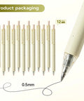 Beige Cream Gel Pens 12 Pack Set With Neutral Aesthetic Retractable Black Ink 0.5mm Fine Point Quick Dry, shown in packaging