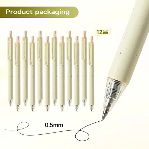 Beige Cream Gel Pens 12 Pack Set With Neutral Aesthetic Retractable Black Ink 0.5mm Fine Point Quick Dry, shown in packaging