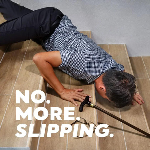 Man falling on stairs highlighting importance of No Slip Grip Tape For Indoor Outdoor Use White 1 Inch By 10 Yards All Weather Traction Tape.