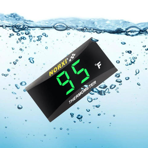 Universal Digital Engine Temperature Gauge With 10mm Or 14mm Probe Adapter showing 95°F on LCD display underwater.