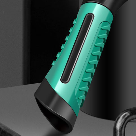 Welding electrode holder with green insulated grip; angled side view, heavy-duty 300A.