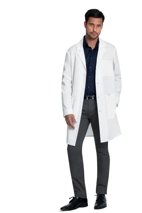 Model wearing Plus Size White Lab Coat For Men And Women With 3 Pockets And 38 Inch Center Back Length CK460 3XL Workhorse Unisex Medical Coat