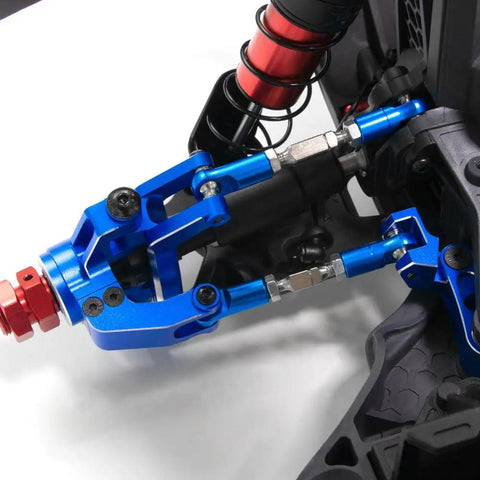 Close-up of Arrma One Eighth Mojave Four By Four Aluminum Adjustable Turnbuckles Linkage Set And Tie Rods Upgrade Kit in blue.