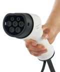 Close-up of SAE J3068 plug of Beefy 22kW 3-Phase Wall Mount EV Charger With 277 to 480 V AC, 32 A Max, shown in hand.