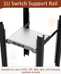 1U Universal Rack Mount Rails Four Post Server Telescoping Slides Adjustable Depth Equipment Glides in a server rack.