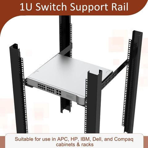 1U Universal Rack Mount Rails Four Post Server Telescoping Slides Adjustable Depth Equipment Glides in a server rack.