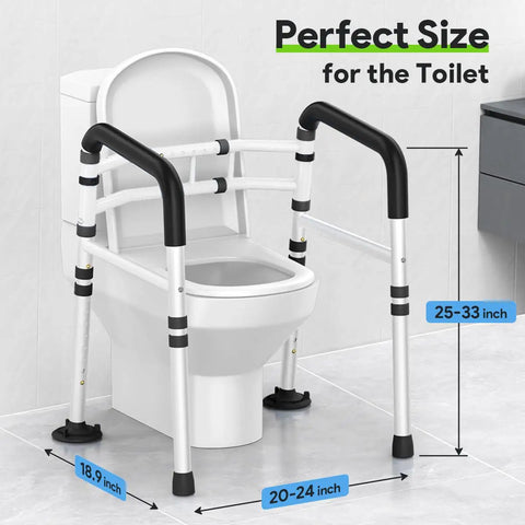 Universal Adjustable Toilet Safety Rail Rock Solid Stand Alone Bathroom Assist Handle with adjustable height and width specifications.