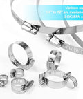 Stainless Steel Hose Clamp Assortment Kit 60 Pieces Adjustable From Quarter Inch To One And A Half Inch And Six To Thirty Eight Millimeters Worm Gear Metal Fuel Line Clamps For Plumbing Automotive And Mechanical Applications, showing multiple sizes and types.