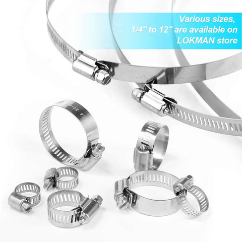 Stainless Steel Hose Clamp Assortment Kit 60 Pieces Adjustable From Quarter Inch To One And A Half Inch And Six To Thirty Eight Millimeters Worm Gear Metal Fuel Line Clamps For Plumbing Automotive And Mechanical Applications, showing multiple sizes and types.