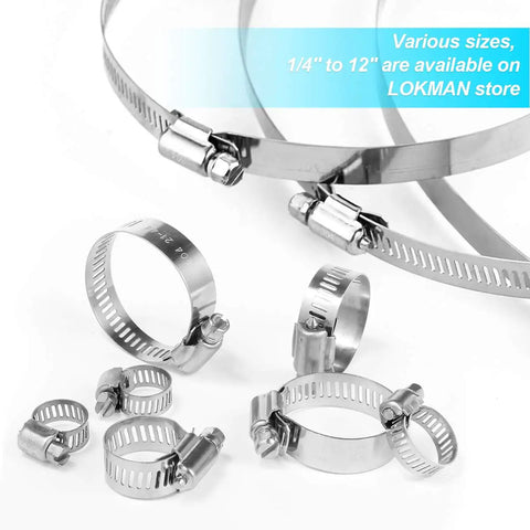 20 Pack Stainless Steel Hose Clamps Adjustable 3/8 to 5/8 Inch (10-16mm) Worm Gear Clamp for Plumbing, Auto and Mechanical Projects, Durable Metal Fuel Line Pipe Clamp, Rust Resistant, various sizes displayed.