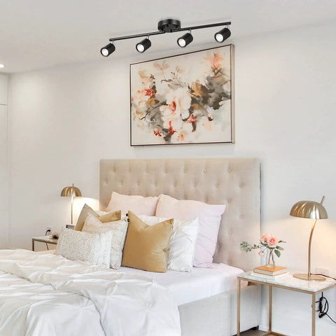 Four Light Track Lighting Kit With Rotatable Black LED Heads Dimmable 1600 Lumens Daylight White 5000K Matte Metal Spotlight Fixture over bed