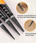 Close-up of Pro Grade 3 Piece Pin Punch Set with CRV Steel Black Oxide Punches showing precision tips for gunsmithing and automotive use.
