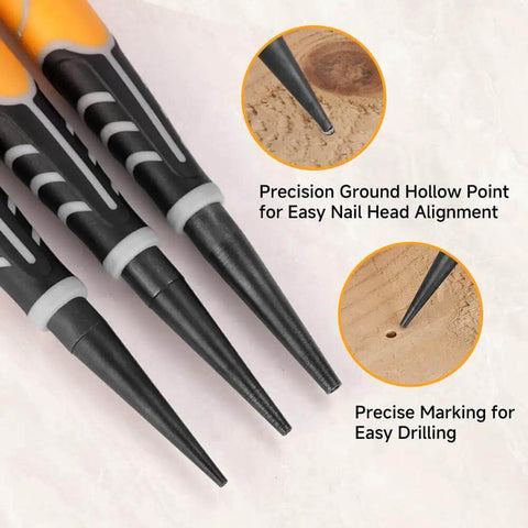 Close-up of Pro Grade 3 Piece Pin Punch Set with CRV Steel Black Oxide Punches showing precision tips for gunsmithing and automotive use.
