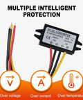Beefy 12V To 5V Buck Converter Module For Cars And Motorcycles, 25W 5A Step Down Regulator, Direct Current Power Supply With 10V To 20V Input, 2 Pack Kit Included, showing multiple intelligent protection features.