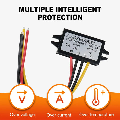 Beefy 12V To 5V Buck Converter Module For Cars And Motorcycles, 25W 5A Step Down Regulator, Direct Current Power Supply With 10V To 20V Input, 2 Pack Kit Included, showing multiple intelligent protection features.
