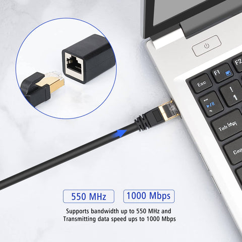 Ethernet Extension Cable Cat6 Cat5e Cat5 Shielded RJ45 Male To Female 13 Feet High Speed Network Cable connected to laptop