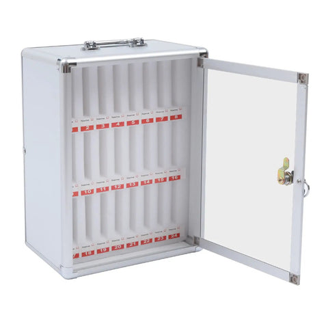 Durable 24 Slot Cell Phone Locker With Rugged Lock And Aluminum Build Easy Setup, open view showing 24 slots for devices.