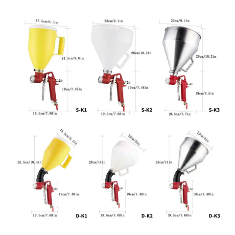 Pro Level Air Spray Gun Kit With Swap Out Three Liter And Six Liter Tanks showing yellow, white, and silver spray containers and measurements.