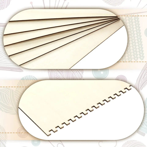 Close-up of notched natural wood pieces from Beginner Friendly Wooden Weaving Loom Kit With Notched Looms 18 Piece Craft Set For Kids And Grownups.
