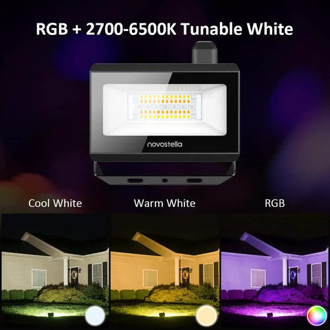 Smart LED Flood Lights Outdoor 200W Equivalent RGB Plus CW Color Changing Spotlight Kit With App Control on house facade