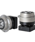 Rock Solid Heavy Duty Planetary Gearbox With Helical Gears And Flange Output Reducer 24 Mm Input For Nema Stepper Servo Motors At 50 To 1 Ratio Plug And Play Ready, showing metallic housing and flange output.