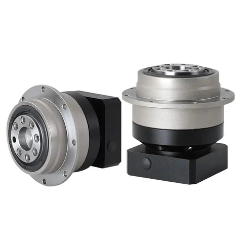 Rock Solid Heavy Duty Planetary Gearbox With Helical Gears And Flange Output Reducer 24 Mm Input For Nema Stepper Servo Motors At 50 To 1 Ratio Plug And Play Ready, showing metallic housing and flange output.