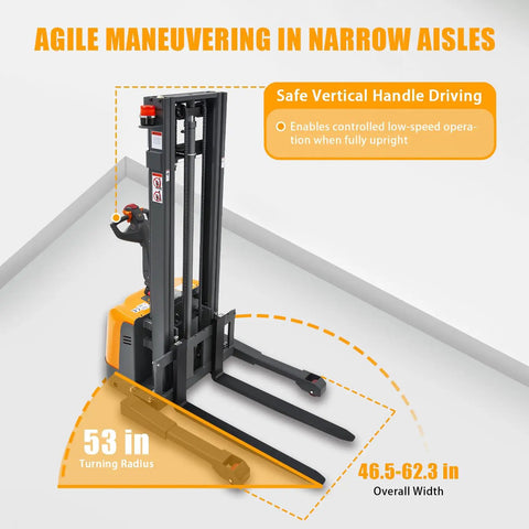 Image of Compact Electric Pallet Stacker Rock Solid Workhorse with 53 inch turning radius for tight warehouse spaces.