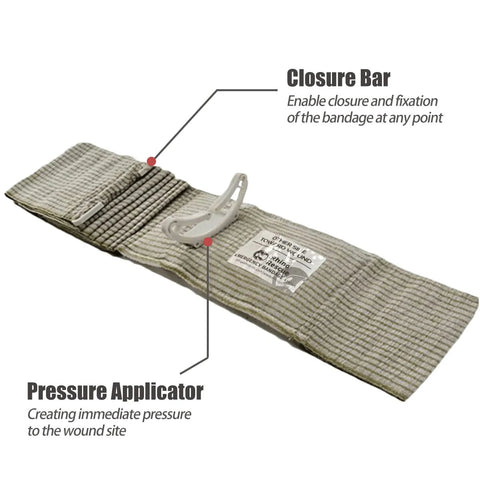 Front view Rhino Rescue 6-inch Israeli-style bandage with pressure applicator and closure bar, beige gauze, 2-pack