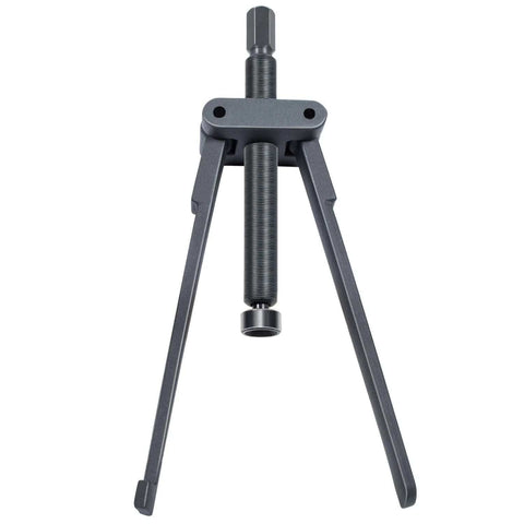 Front view of a gray metal lower bearing carrier puller with adjustable arms and central screw for outboard gearcases.