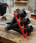Upgrade Your Shop Vibe With This Badass 3 Port Dust Collection Y Splitter featuring black plastic and metal 2.25 inch adapters.