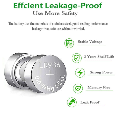 Top Shelf LR936 Alkaline Button Cell Batteries, stainless steel design, leak-proof, stable voltage, strong power for gadgets.