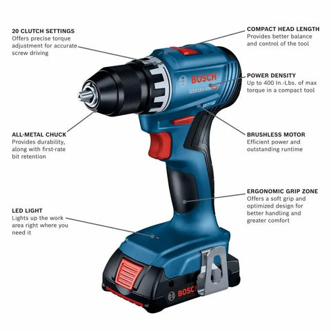 18V Compact Brushless Drill Driver Kit With One Half Inch Chuck And 2 Ah Battery, Pro Grade Power, detailed labelled features