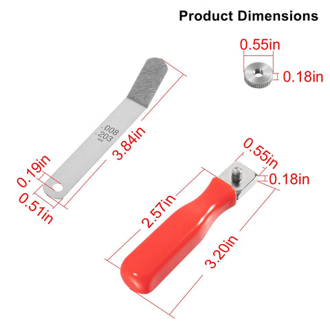 Two-piece automotive valve tappet feeler gauge set: red-handled blade and metal offset gauge, 0.004–0.014 in.