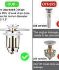 Comparison of 2 Pack Universal Bathroom Sink Stopper For 1.1 To 1.5 Inch Drain Holes and other designs with text descriptions