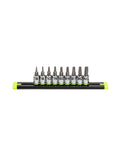 Bi-Directional RPT Star Driver Set, 9 Piece, T6 Through T40, One Quarter Inch Drive, S2 Steel Construction, on aluminum socket rail