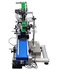 Big Time Automatic Desktop Conveyor Labeler For Flat Bottles And Merchandise Plug And Play Sticker Applicator With No Sweat Setup and Slick 110V Coding Station side view.